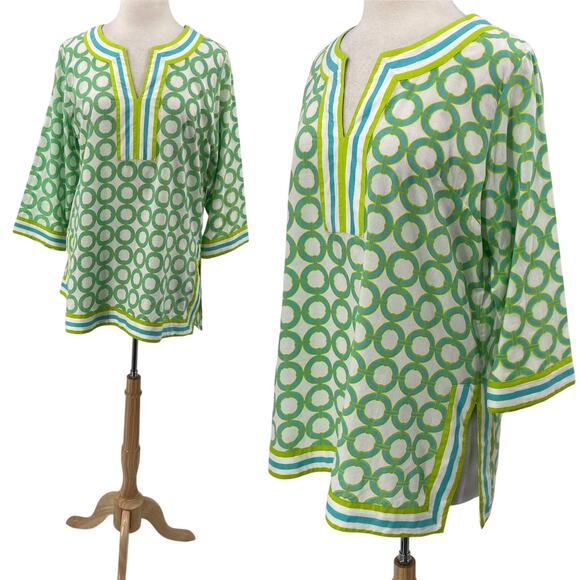 Gretchen Scott Tunic Top Cotton Geometric Link Print Cover Up Green White Medium - Picture 1 of 9
